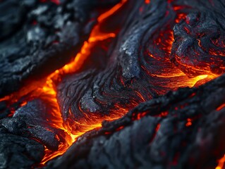 Close-up view of molten lava with vibrant red and orange glow amidst the solidified black rock surfaces. - obrazy, fototapety, plakaty