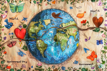SCHOOL WORK FOR ENVIRONMENT DAY. PLANET EARTH, BIRDS, BUTTERFLIES AND A HEART. WORLD ENVIRONMENT DAY.