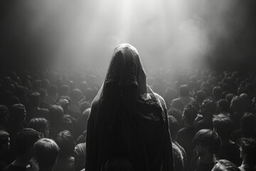 A shadowy figure in a hooded cloak standing at the edge of a packed concert, disconnected from the group excitement,