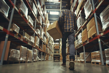 Obraz premium Delivery service in warehouse or distribution, cardboard box and man pushing a cart parcel.