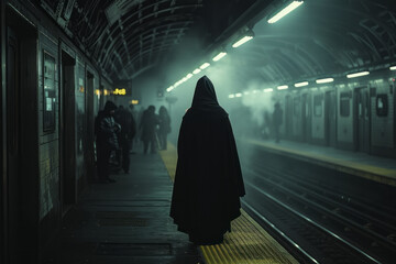 A cloaked figure on a busy train platform during the morning commute, surrounded by others yet alone in the crowd, - obrazy, fototapety, plakaty