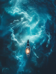 Small boat floating in the sea, surrounded by blue water