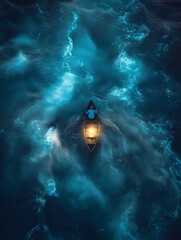 Small boat floating in the sea, surrounded by blue water
