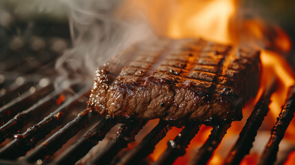 
 AI-captured close-up of a sizzling steak on a grill, with mouthwatering grill marks and juicy tenderness, evoking the aroma of a perfectly cooked meal.