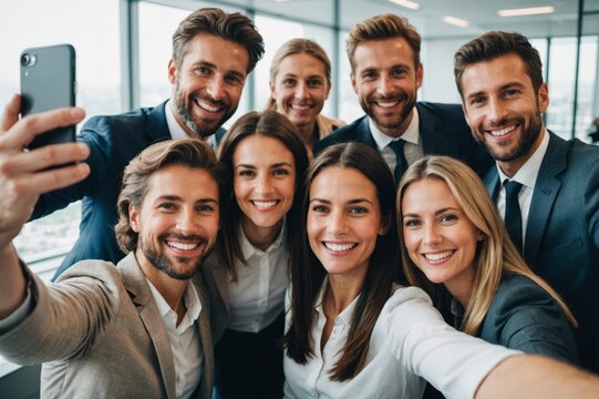 Smiling business team taking a selfie in office