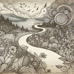 Monochromatic Elegance: A Detailed Ink Drawing of a Serene River Flowing Through an Ornate Natural Landscape