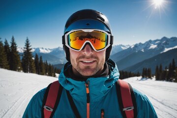 Portrait of a skier wearing googles after a fun day of skiing.