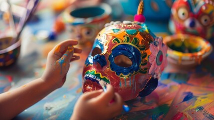 Child Painting Colorful Mask on Table