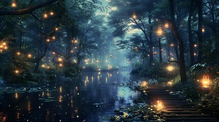 Craft an image depicting paradise where winding pathways are illuminated by the glow of lanterns