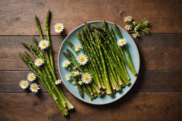 High angle view of various asparagus with flower in plate on wooden table - Powered by Adobe