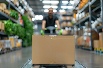 Delivery service in warehouse or distribution, cardboard box and man pushing a cart food parcel .