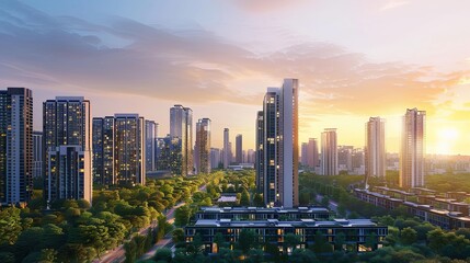 Fototapeta premium Aerial View of City at Sunset. Generative AI