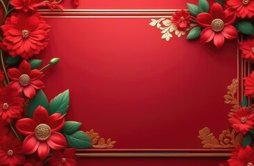 Congratulatory red frame with flowers. Japanese style. Chinese style. Postcard, invitation.