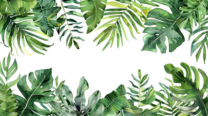 Lively watercolor banner showcasing a variety of tropical leaves and branches with plenty of room for text