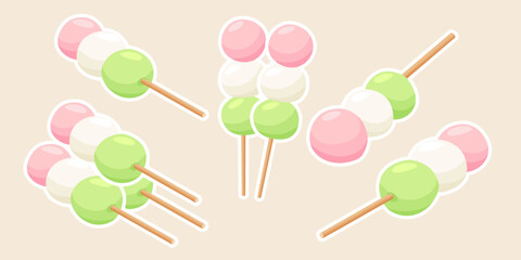 Japanese dessert dango in the form of three balls on a stick. Vector over white background,perfect for wallpaper or design elements