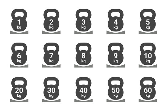 Set of icons of kettlebells with a number of maximum kg load limit. Monochrome signs for design of product description, instructions, warnings