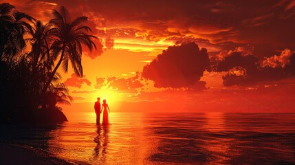 Two Individuals Standing on Beach at Sunset. Generative AI