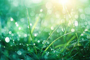 Closeup view of water dew drops on grasses.