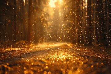 Golden glitter and bokeh in forest road at sunrise.