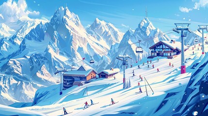 Ski Resort Painting in the Majestic Mountains. Generative AI