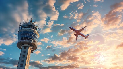 A plane flying in the sky next to a control tower.