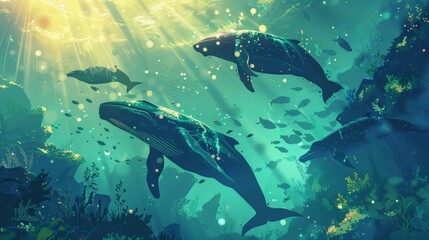 Fototapeta premium A stylized illustration of a pod of majestic whales swimming through an underwater valley with the sun illuminating their shimmering skin..