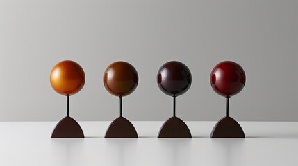 four decadent chocolate bon bons, each adorned with a unique dressing, presented on sleek sticks against a clean, minimalist backdrop.