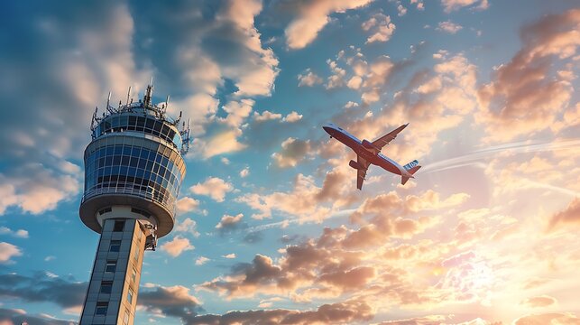 A plane flying in the sky next to a control tower.