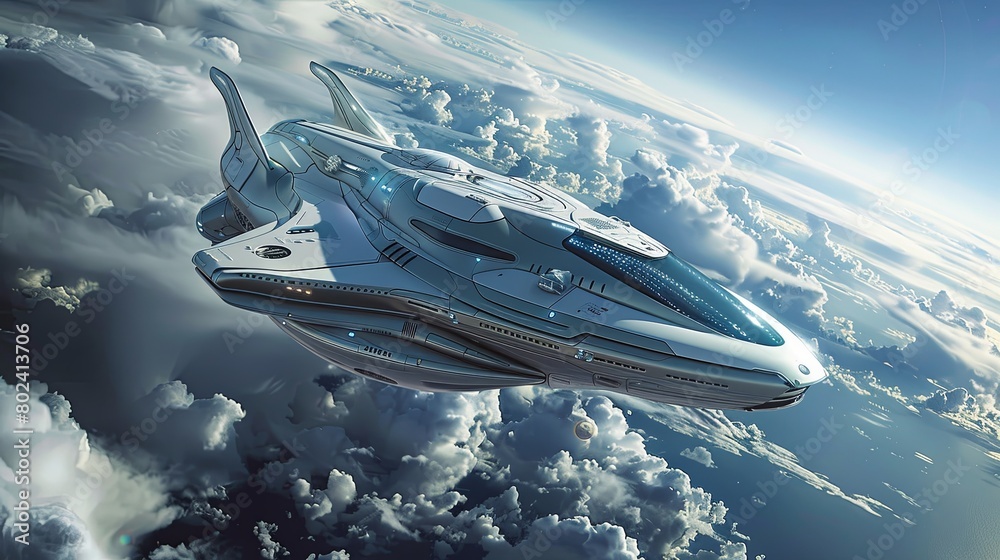 Aufkleber Futuristic Ship Hovering Above Clouds. Generative AI