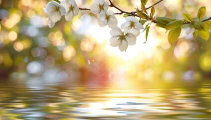  Water ripples and a blooming tree branch in the lake reflection.
