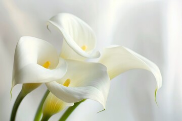 White calla lily flowers on white background. - obrazy, fototapety, plakaty
