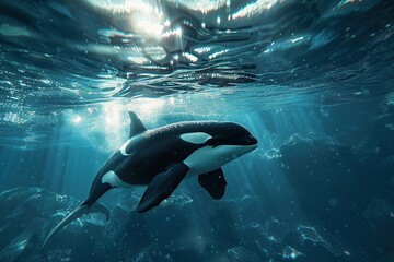 Killer whale swims in underwater world