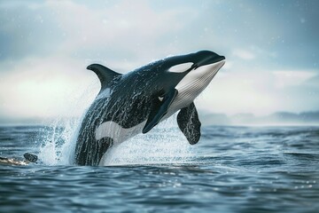 Killer whale jumping from blue pacific ocean