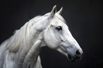 Beautiful white horse on black background - obrazy, fototapety, plakaty