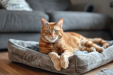 Cute red haired cat lying on soft cat bed at home