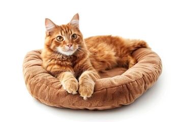 Cute red cat lying on soft cat bed on white background