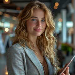 Young happy business woman working with tablet in corporate office ai technology