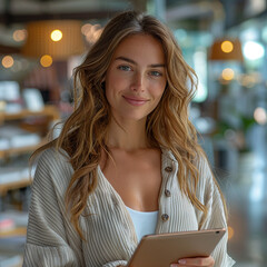 Young happy business woman working with tablet in corporate office ai technology