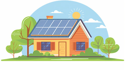 Vibrant illustration of a modern house equipped with solar panels, emphasizing sustainable living