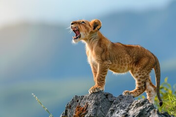 Young lion cub roaring on a cliff