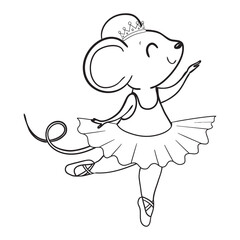 Coloring Pages. Coloring Book for kids with mouse ballerina. Outline animal vector illustration. Adorable character for cards, wallpaper, textile, fabric, kindergarten.