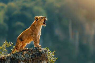 Young lion cub roaring on a cliff
