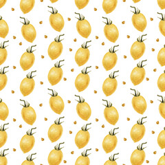Watercolor vegetables seamless pattern. Fresh healthy food background. Yellow tomatoes. Agriculture, local farmers market, diet, organic cooking illustration, print for textile