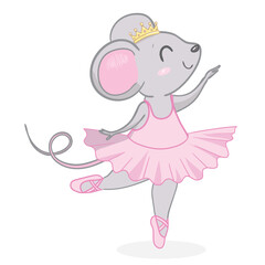 Hand drawn beautiful, lovely, little mouse ballerina girl with crown on her head.