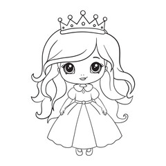 A cute little princess in a dress with a crown. A coloring book page with a colorful template for children. Vector isolated illustration.