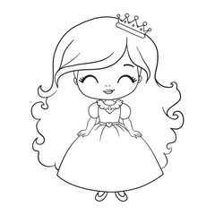 A cute little princess in a dress with a crown. A coloring book page with a colorful template for children. Vector isolated illustration.