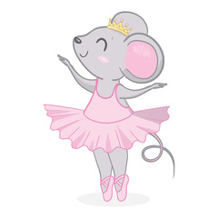 Hand drawn beautiful, lovely, little mouse ballerina girl with crown on her head.