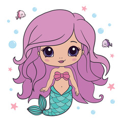 Beautiful little mermaid. Sea theme. Hand drawn vector illustration on a white background.