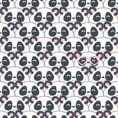 Seamless pattern with hand drawn cute pandas and hearts for Valentine's Day, mother's day, birthday, wedding. Pink background.