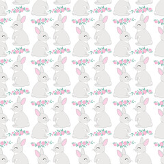 Seamless pattern with cartoon bunnies for kids. Abstract art print. Hand drawn background with cute animals.
